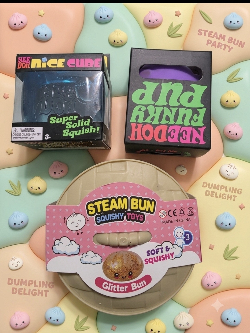 Squishy Toys - Needoh Nice Cube & Funky Pup, Glitter Bun Bundle